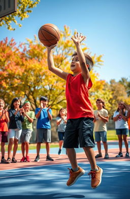 A young boy enthusiastically showcasing his basketball skills on an outdoor court, surrounded by a group of friends who are cheering him on