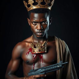 A young African king in his 20s with a crown embedded in his chest, blood oozing from the wound where the crown is inserted