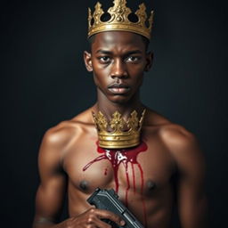 A young African king in his 20s with a crown embedded in his chest, blood oozing from the wound where the crown is inserted