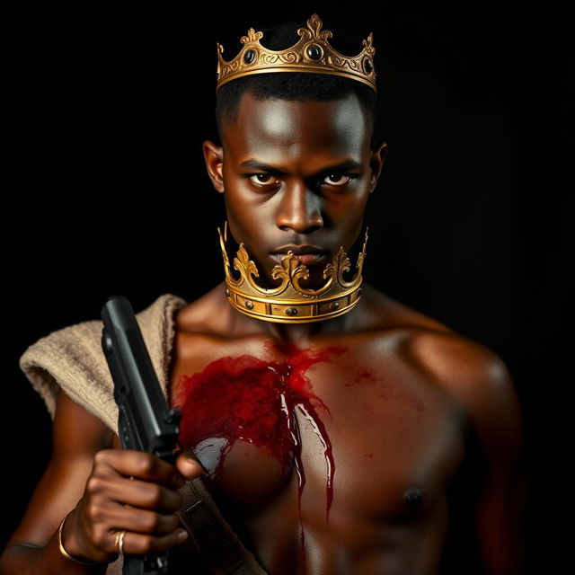 A young African king in his 20s with a crown embedded in his chest, blood oozing from the wound where the crown is inserted