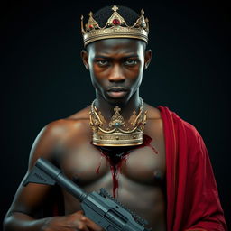 A young African king in his 20s with a crown embedded in his chest, blood oozing from the wound where the crown is inserted