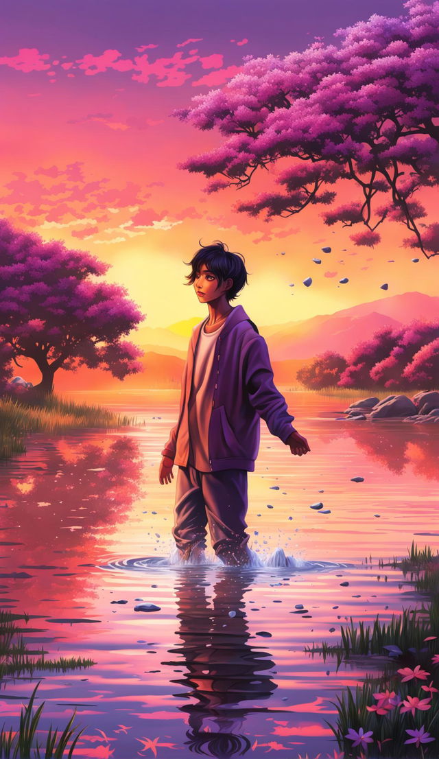 A high-quality digital art image depicting an androgynous person skipping stones on a tranquil lake at sunset