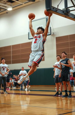 A high school basketball player demonstrating impressive skills on the court, surrounded by cheering friends