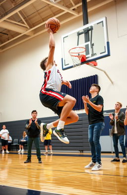 A high school basketball player demonstrating impressive skills on the court, surrounded by cheering friends