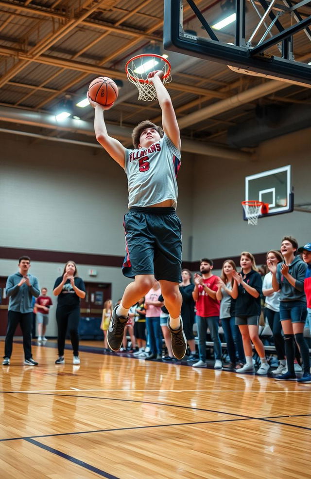 A high school basketball player demonstrating impressive skills on the court, surrounded by cheering friends