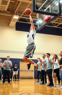 A high school basketball player demonstrating impressive skills on the court, surrounded by cheering friends