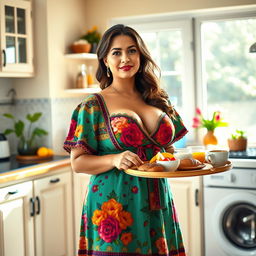 A curvy Spanish model with big breasts, wearing a traditional colorful dress that beautifully showcases her figure and features a modest amount of cleavage