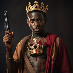 A young African king in his 20s with dark skin, holding a firearm in one hand