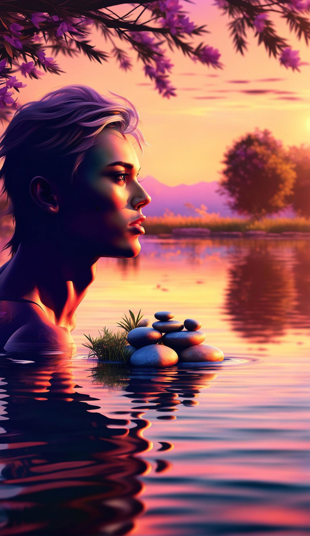 A high-quality digital art image showcasing a side profile of an androgynous individual with perfect facial symmetry, skipping stones on a serene lake at sunset