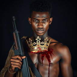 A young African king in his 20s with dark skin, holding a firearm in one hand