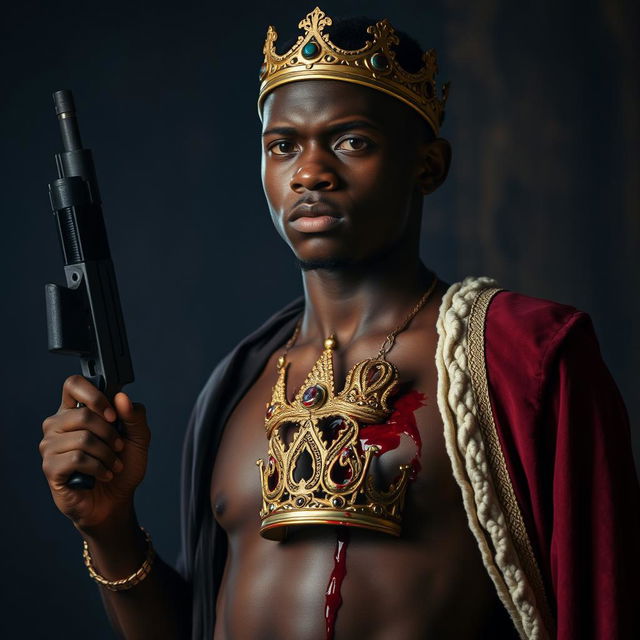 A young African king in his 20s with dark skin, holding a firearm in one hand