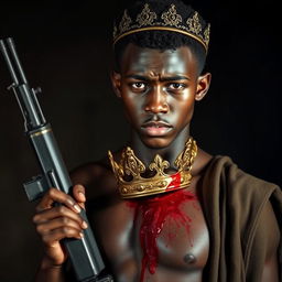A young African king in his 20s with dark skin, holding a firearm in one hand