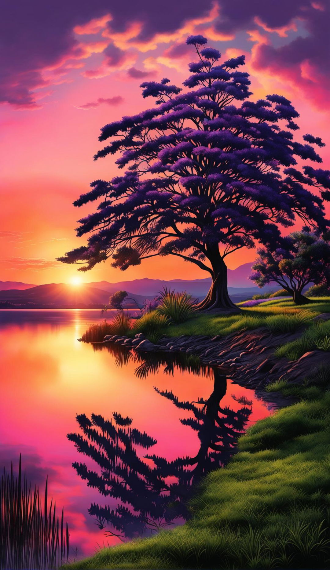 A high-quality digital art image of a serene lake at sunset during spring