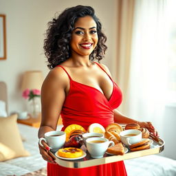 A curvy Indian woman with striking features, dressed in a vibrant red dress that elegantly showcases her curves and personality