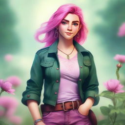 A high-quality digital art image of a young Spring Eladrin with vibrant pink hair and deep green eyes