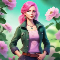 A high-quality digital art image of a young Spring Eladrin with vibrant pink hair and deep green eyes