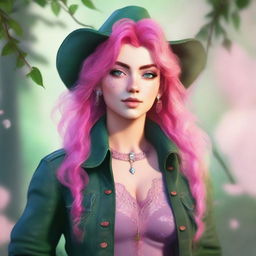 A high-quality digital art image of a young Spring Eladrin with vibrant pink hair and deep green eyes