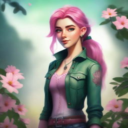 A high-quality digital art image of a young Spring Eladrin with vibrant pink hair and deep green eyes