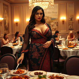 A curvy model with big breasts and visible cleavage, elegantly showcasing her figure in a beautiful traditional dress