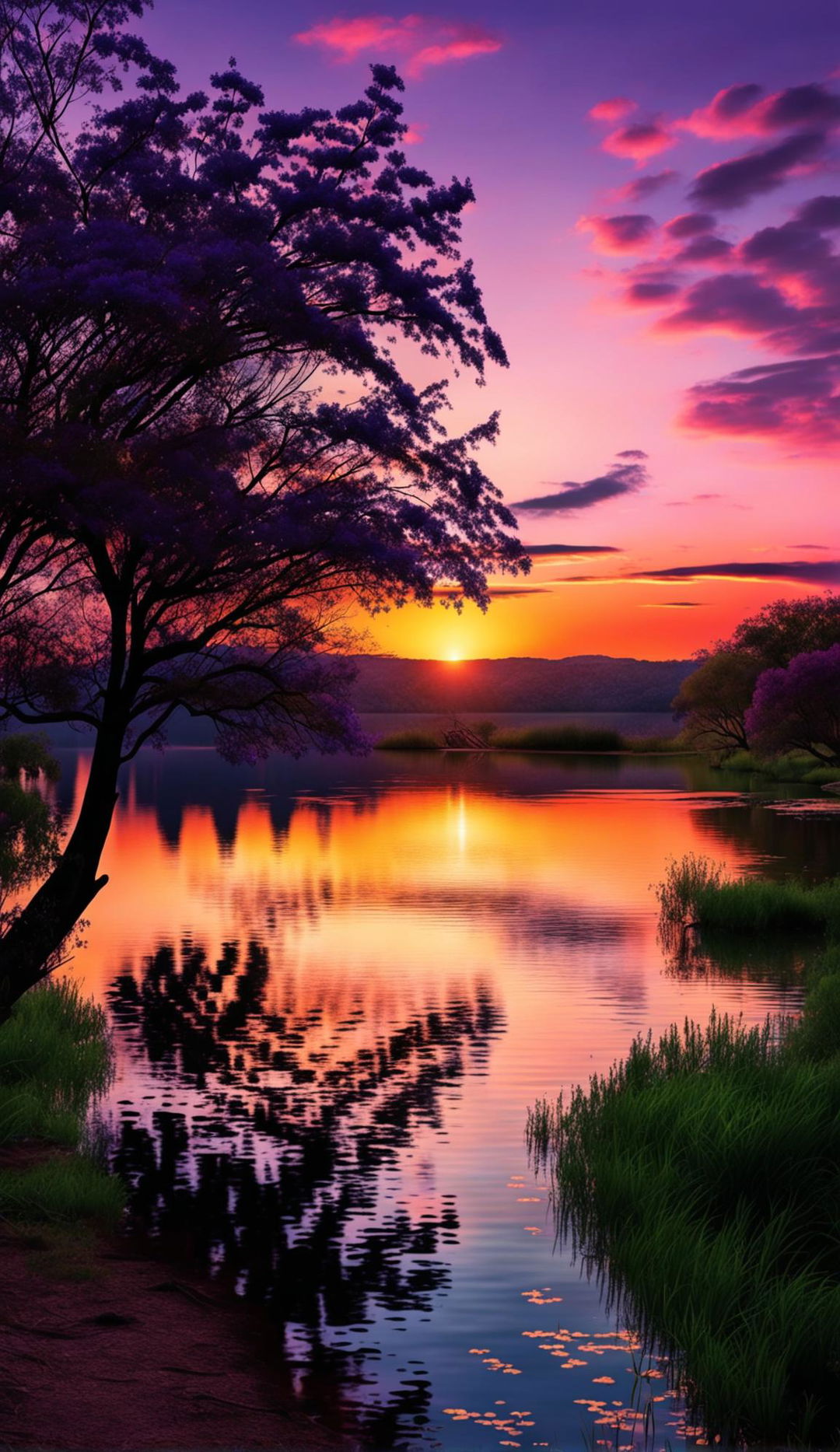 A 36K resolution, wide-angle digital art image of a serene lakeside scene at sunset during spring