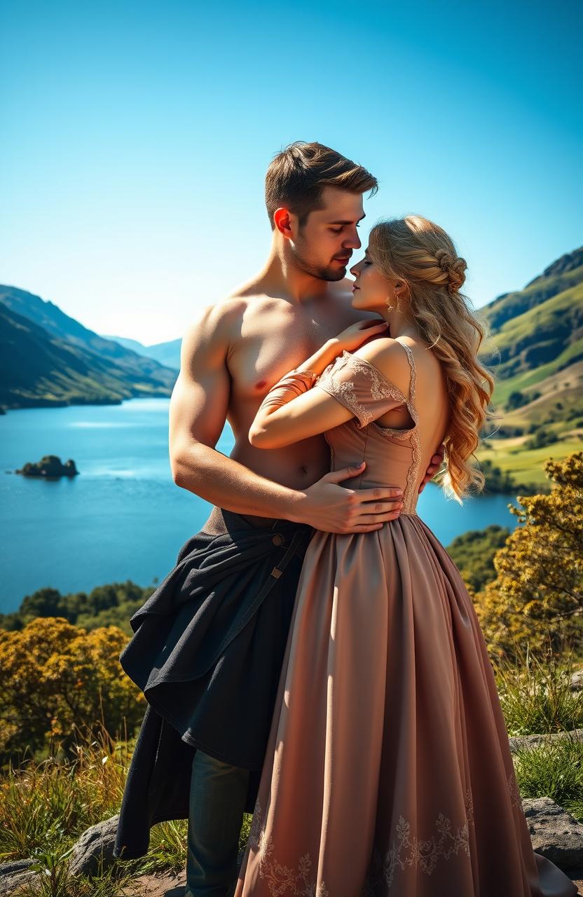 A Scottish historical romance set in the 1700s, featuring a handsome man without a shirt, showcasing his muscular build, and a beautiful blonde woman dressed in elegant period-specific clothing, such as a flowing gown with intricate lace details