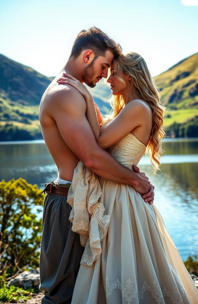 A Scottish historical romance set in the 1700s, featuring a handsome man without a shirt, showcasing his muscular build, and a beautiful blonde woman dressed in elegant period-specific clothing, such as a flowing gown with intricate lace details