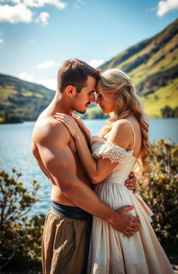 A Scottish historical romance set in the 1700s, featuring a handsome man without a shirt, showcasing his muscular build, and a beautiful blonde woman dressed in elegant period-specific clothing, such as a flowing gown with intricate lace details