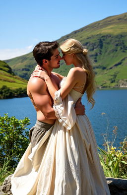 A Scottish historical romance set in the 1700s, featuring a handsome man without a shirt, showcasing his muscular build, and a beautiful blonde woman dressed in elegant period-specific clothing, such as a flowing gown with intricate lace details