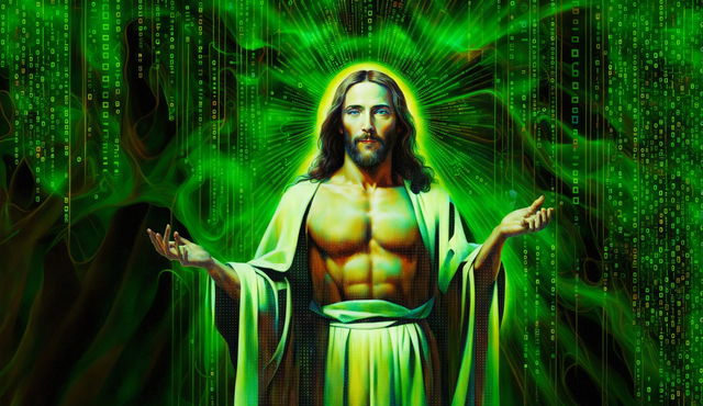 This is a digital art image of Jesus Christ in the style of The Matrix