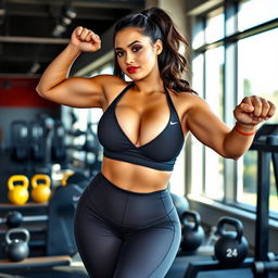 A stunning curvy model with prominent breasts and visible cleavage, confidently performing exercises in a modern gym setting