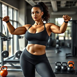 A stunning curvy model with prominent breasts and visible cleavage, confidently performing exercises in a modern gym setting