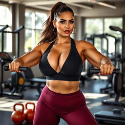 A stunning curvy model with prominent breasts and visible cleavage, confidently performing exercises in a modern gym setting
