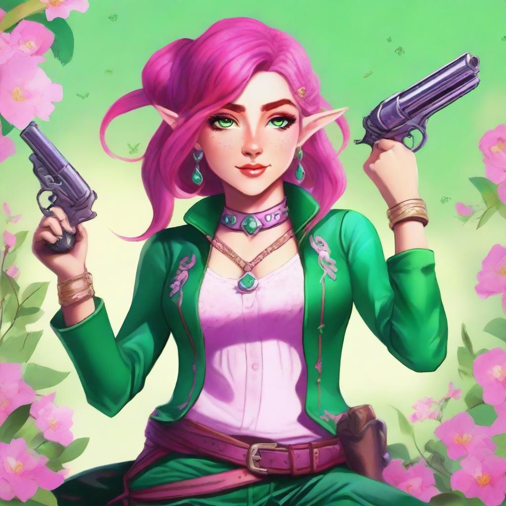 A high-quality digital art image of a young Spring Eladrin elf with vibrant pink hair and emerald green eyes