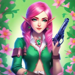 A high-quality digital art image of a young Spring Eladrin elf with vibrant pink hair and emerald green eyes