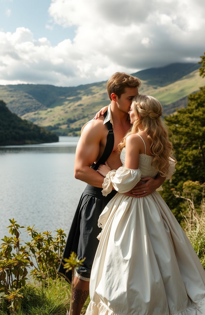 A Scottish historical romance scene set in the 1700s featuring a handsome man with an open shirt, revealing his toned physique, and a beautiful blonde woman dressed in exquisite 1700s attire