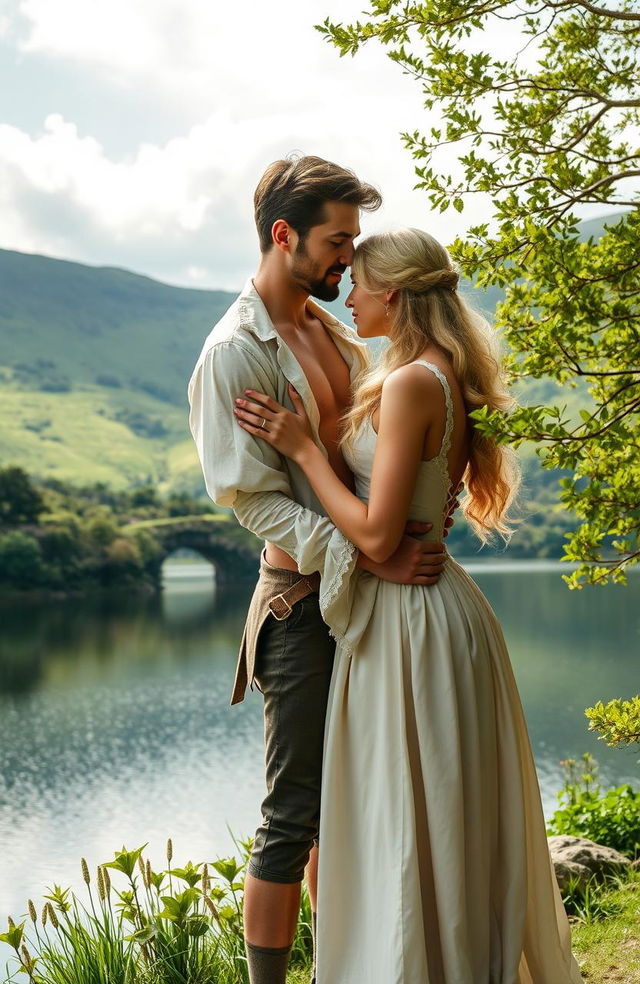 A Scottish historical romance scene set in the 1700s featuring a handsome man with an open shirt, revealing his toned physique, and a beautiful blonde woman dressed in exquisite 1700s attire