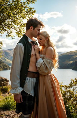 A Scottish historical romance scene set in the 1700s featuring a handsome man with an open shirt, revealing his toned physique, and a beautiful blonde woman dressed in exquisite 1700s attire