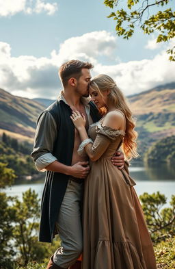 A Scottish historical romance scene set in the 1700s featuring a handsome man with an open shirt, revealing his toned physique, and a beautiful blonde woman dressed in exquisite 1700s attire