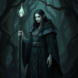 A mysterious Shadar-kai cleric stands in a dark, enchanted forest