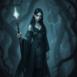 A mysterious Shadar-kai cleric stands in a dark, enchanted forest