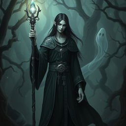 A mysterious Shadar-kai cleric stands in a dark, enchanted forest