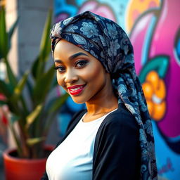 A fashionable and stylish woman wearing a beautifully patterned hijab, elegantly draped around her head, showcasing an intricate design with floral motifs