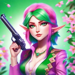 A high-quality digital art image of a young Spring Eladrin elf with vibrant pink hair and emerald green eyes