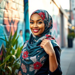 A fashionable and stylish woman wearing a beautifully patterned hijab, elegantly draped around her head, showcasing an intricate design with floral motifs