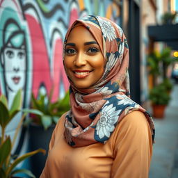 A fashionable and stylish woman wearing a beautifully patterned hijab, elegantly draped around her head, showcasing an intricate design with floral motifs