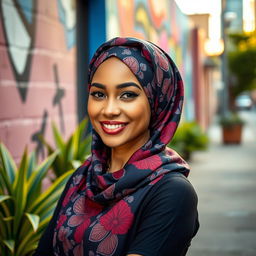 A fashionable and stylish woman wearing a beautifully patterned hijab, elegantly draped around her head, showcasing an intricate design with floral motifs