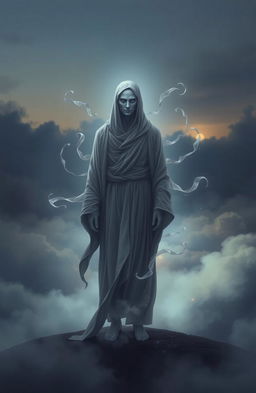 A solitary grey soul of a man, ethereal and ghostly, destined to guide other souls to the afterlife