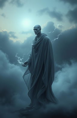 A solitary grey soul of a man, ethereal and ghostly, destined to guide other souls to the afterlife