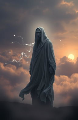 A solitary grey soul of a man, ethereal and ghostly, destined to guide other souls to the afterlife