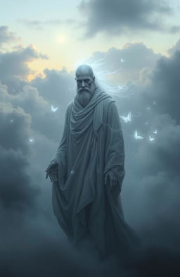 A solitary grey soul of a man, ethereal and ghostly, destined to guide other souls to the afterlife